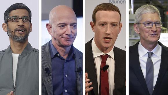 Los CEO Sundar Pichai (Alphabet, matriz de Google), Jeff Bezos (Amazon), Mark Zuckerberg (Facebook) y Tim Cook (Apple) asisten este miércoles a una audiencia virtual convocada por el Congreso de Estados Unidos. (Foto: AP)