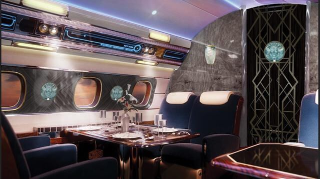 Foto 5 | Muchos de los elementos de diseño hacen referencia a los transatlánticos Normandie y Queen Mary, lo más representativo en este jet es el maravilloso salón de cocteles con un área de comedor. (Foto: Megaricos)