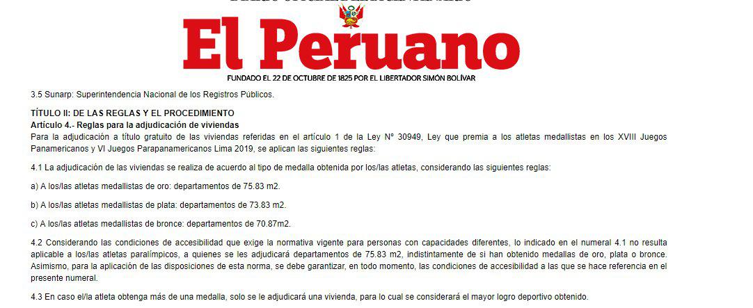 Atletas peruanos que obtienen una medalla son premiados con una vivienda. (Foto: El Peruano)