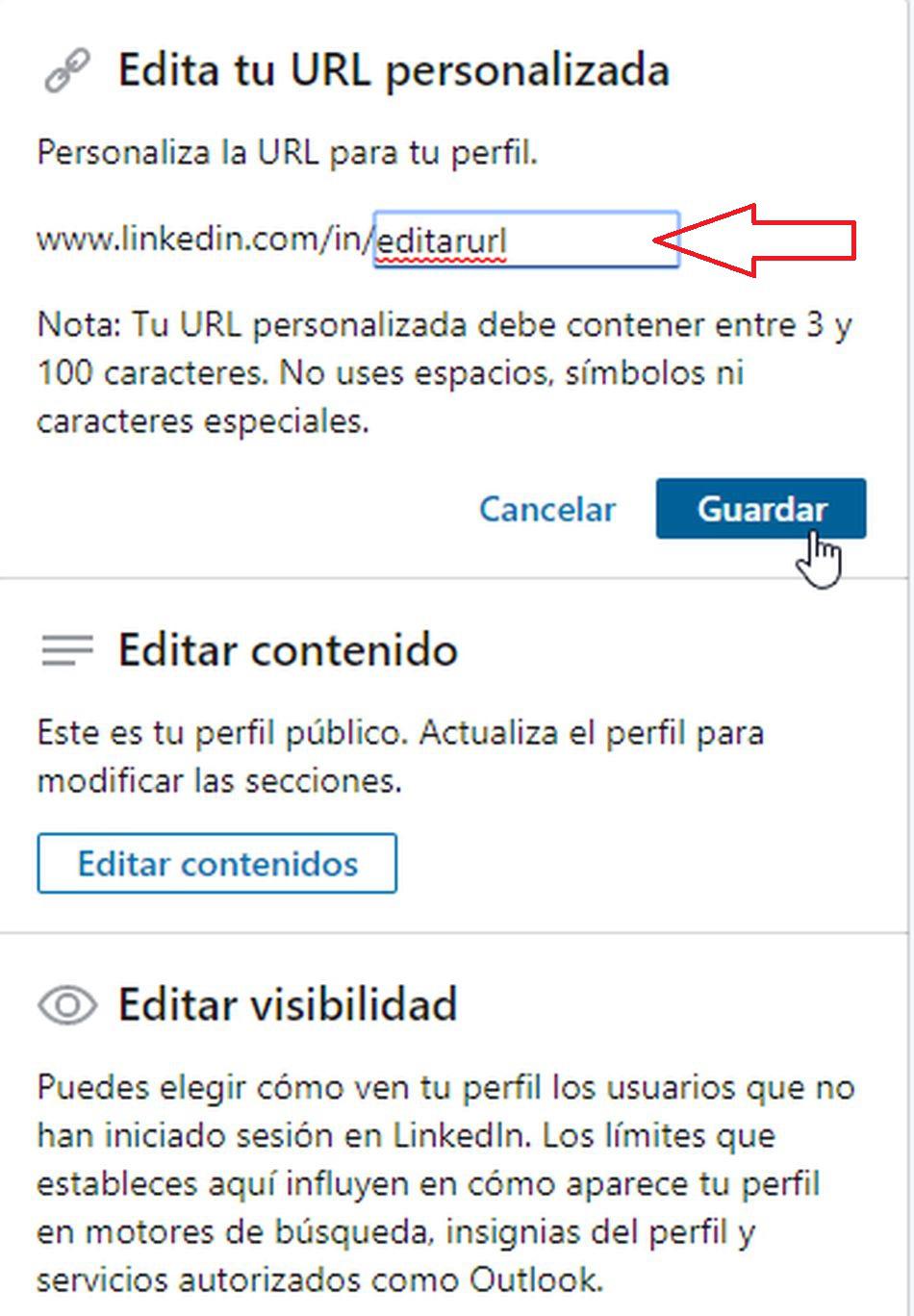 Escriba la URL que desea que LinkedIn use en el cuadro y haga clic en Guardar. (Foto: LinkedIn)