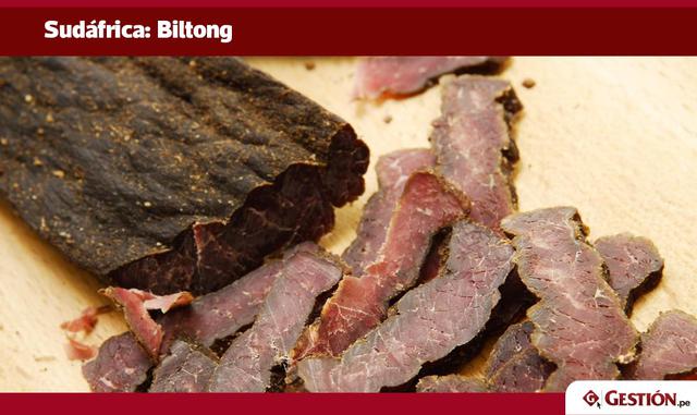 Biltong es una carne de ternera seca que tiene un peculiar e intenso sabor, un alto contenido en proteínas y mínima presencia de grasas y de carbohidratos. Es deliciosa en guisos.