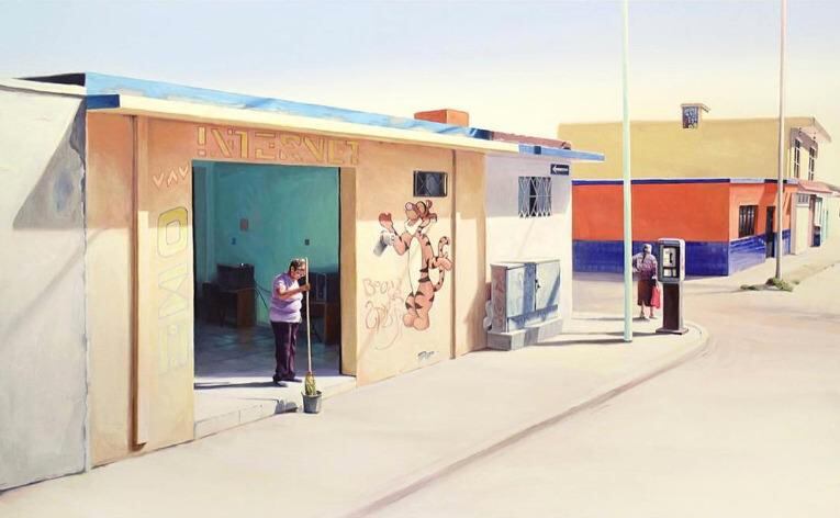 Una de las pinturas de Sohyun Ahn, sobre una señora trapeando la calle. (Imagen: instagub/ssohart)