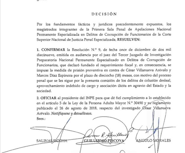 Resolución que confirma prisión preventiva contra César Villanueva.