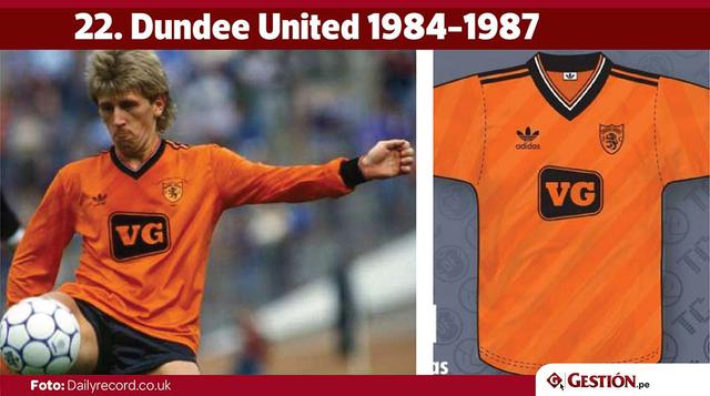 Adidas elaboró esta linda camiseta naranja para el club escocés Dundee United en 1984, cuando llegó a semis de la Champions.