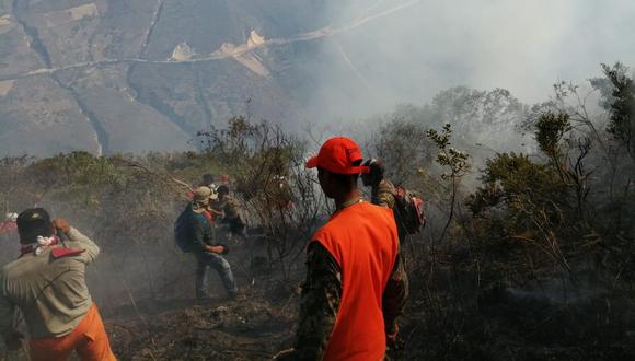 Más de 100 hombres tratan de controlar el incendio que se desató en los alrededores de la Fortaleza de Kuélap. (Facebook Distrito de Tingo/Canal N)