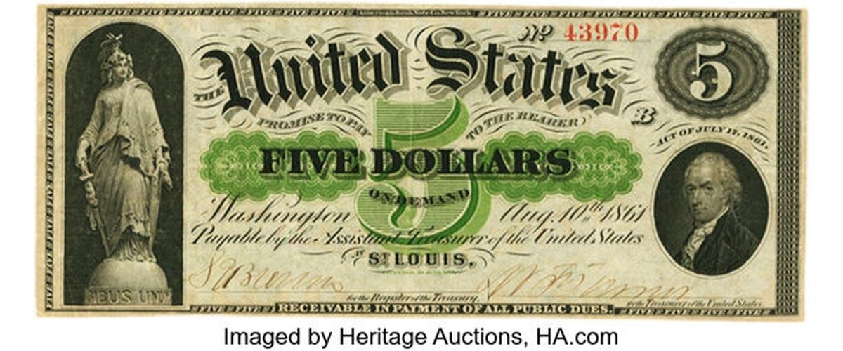 $5 dólares 1861 Nota a la vista de St. Louis (Foto: Heritage Auctions, HA.com)