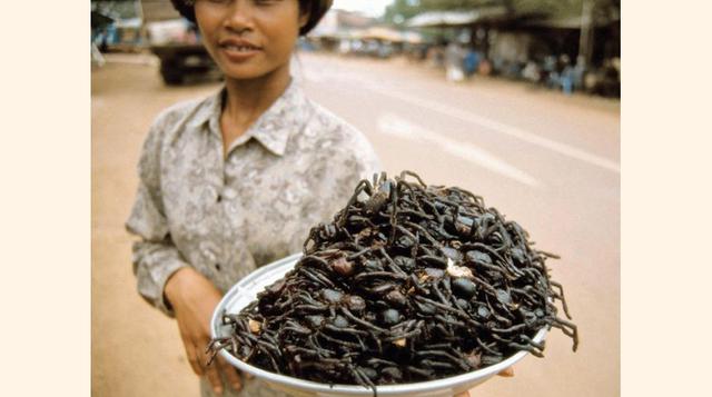 La tarántula frita es uno de los tentempiés favoritos de los camboyanos. Estos arácnidos se fríen enteros o puedes pedirlos sin las patas. (Foto: Getty)