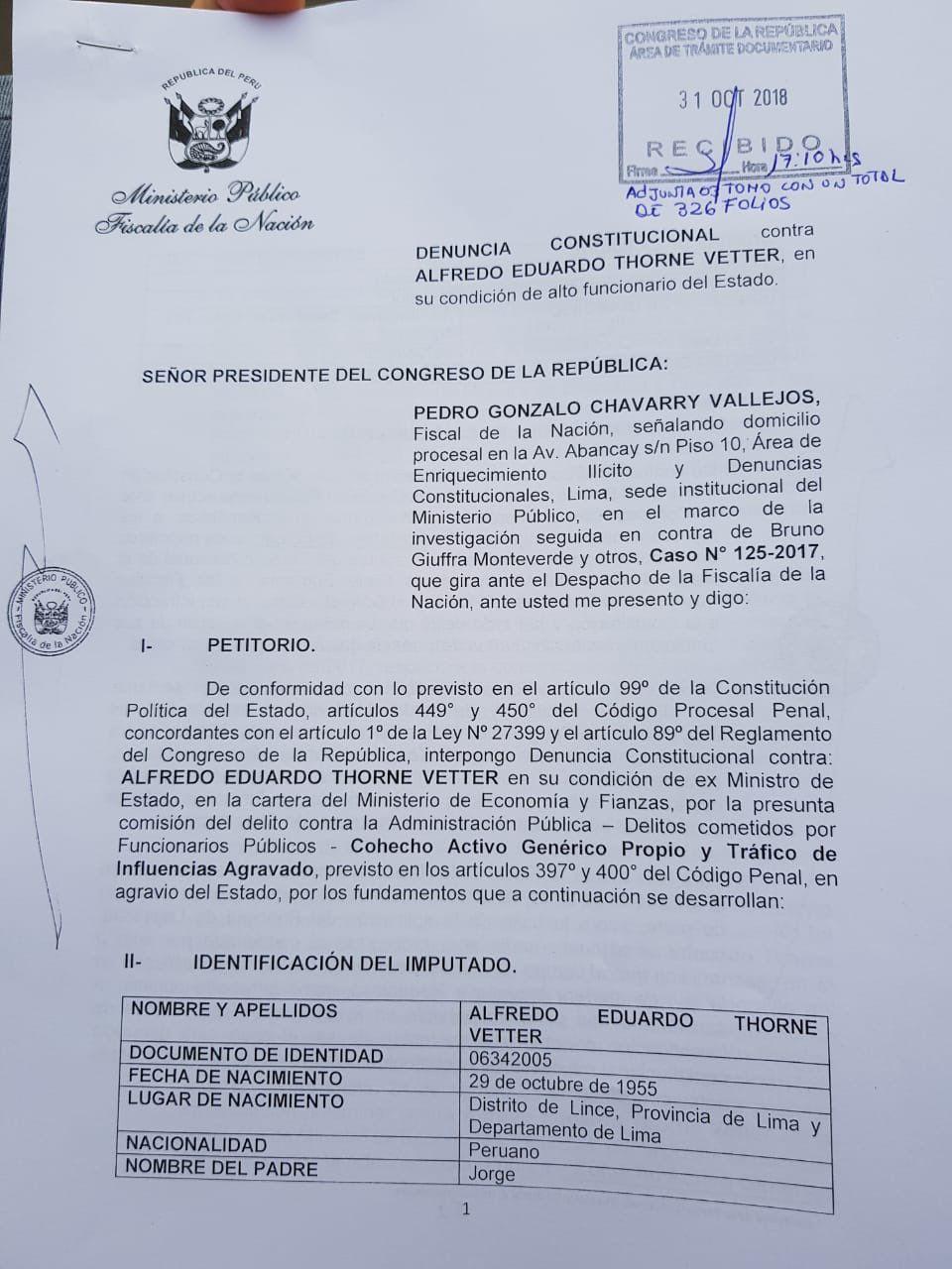 Denuncia constitucional en contra de Alfredo Thorne.