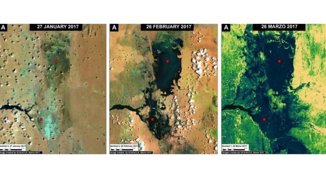 El 27 de enero de 2017, la región Piura mostraba un panorama mayoritariamente árido. En solo dos meses, las imágenes muestran la formación de lagunas temporales en el mapa.
