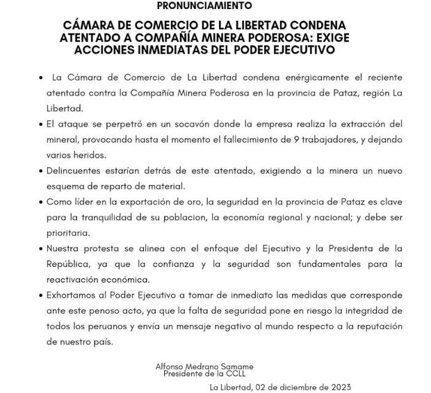 Companies speak out against attack on La Poterosa mine.