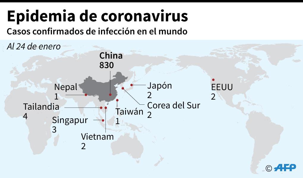 Mapa del mundo que destaca los países y territorios que registran casos confirmados de coronavirus. (AFP)