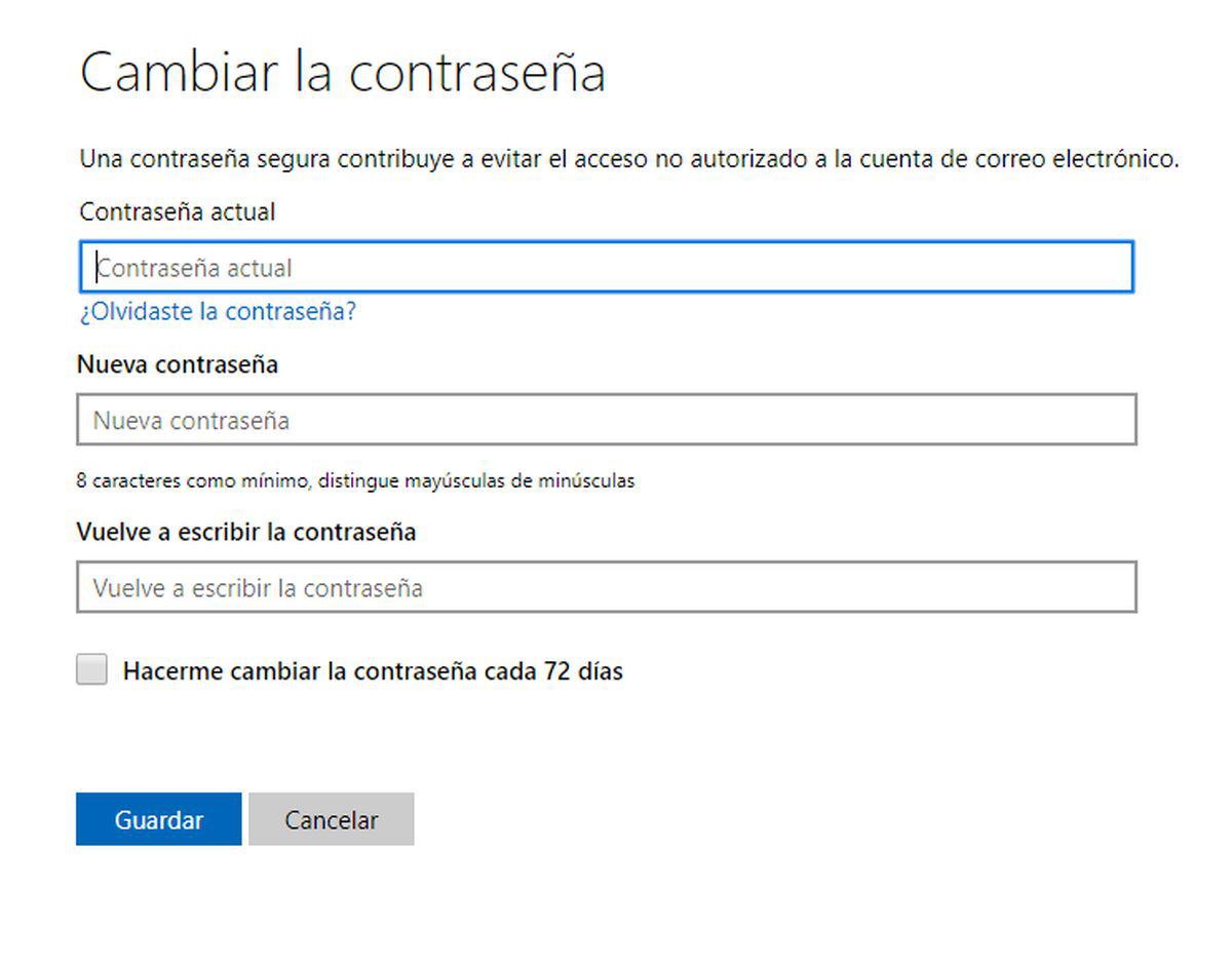 Outlook también te permite cambiar la contraseña y hacer que te sugieran volverlo a hacer dentro de 72 días. (Foto: Outlook)
