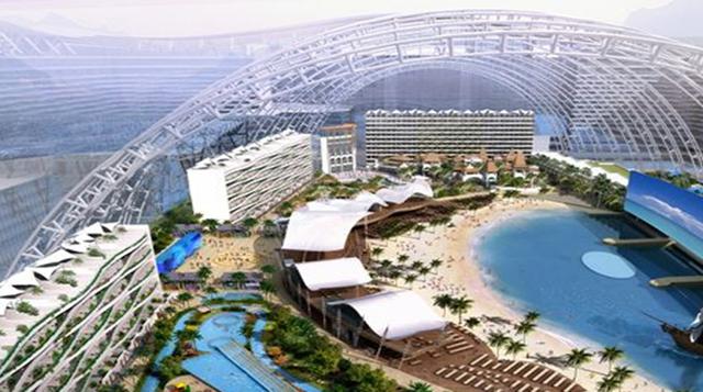 El gigantesco edificio albergará, hoteles, cines, centros comerciales, una lujosa villa mediterránea (imitación) y  un parque acuático llamado “Paradise Island”.(Foto: Globalasia)