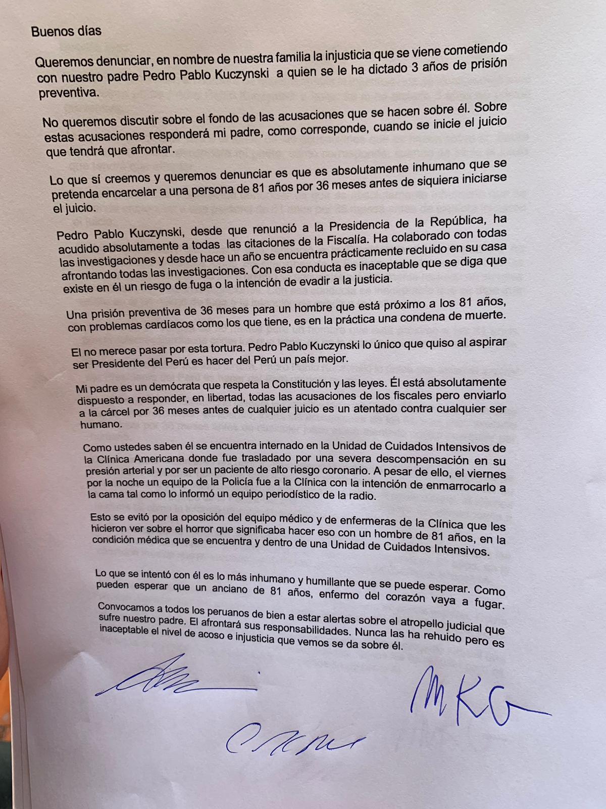 Pronunciamiento de las hijas de PPK