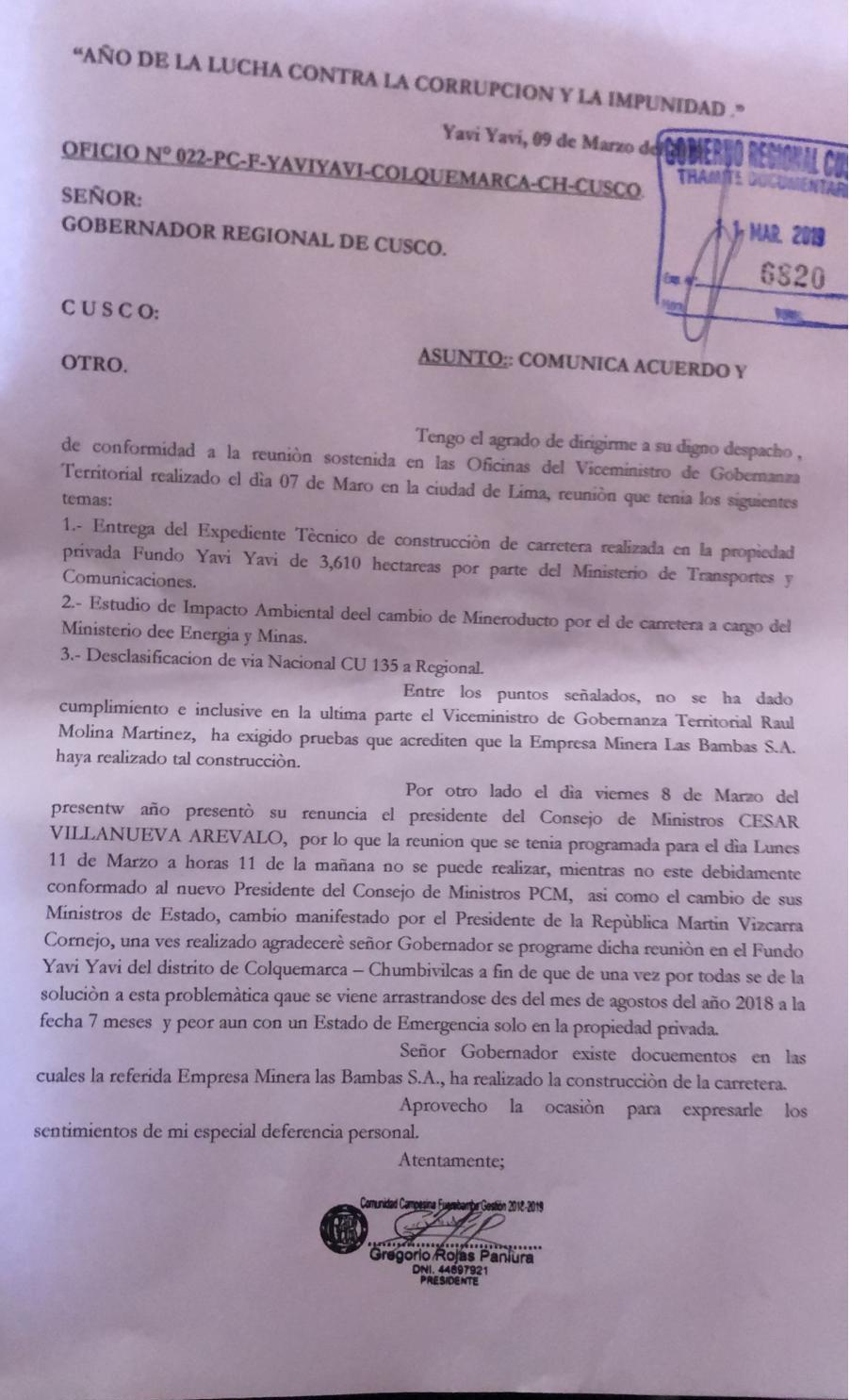 Carta comunidad de Fuerabamba