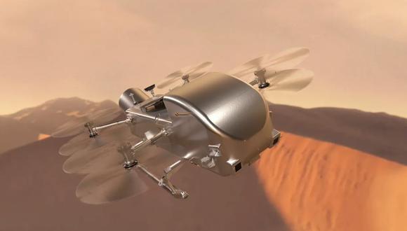 Concepto artístico de Dragonfly volando sobre las dunas de Titán, la luna de Saturno. (Foto: NASA/Johns Hopkins APL/Steve Gribben)