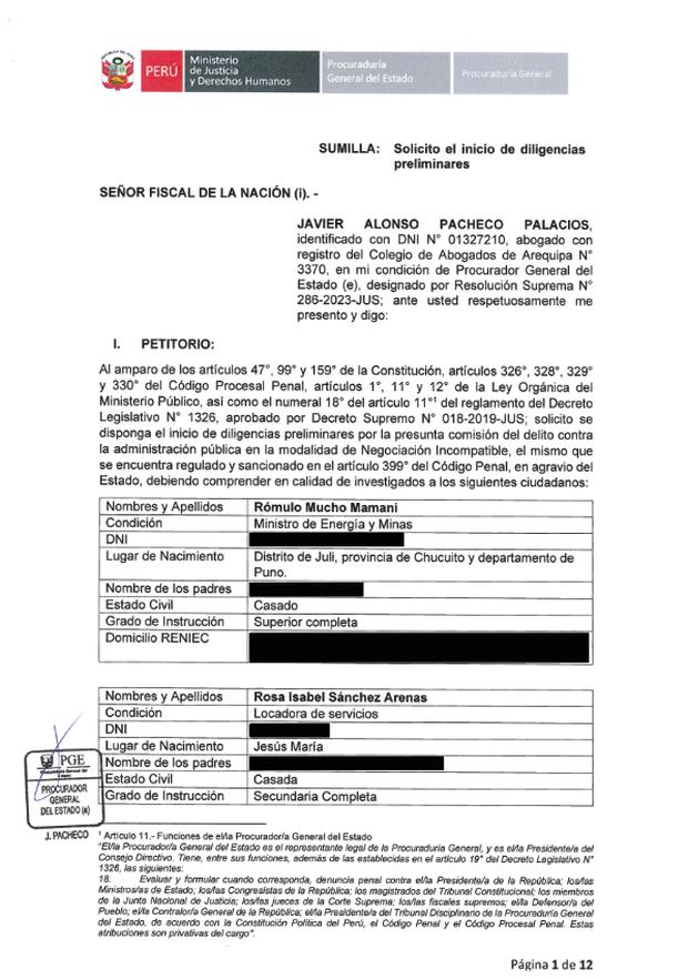Solicitud de la Procuraduría General del Estado sobre el ministro de Energía y Minas, Rómulo Mucho. (Foto: PGE)