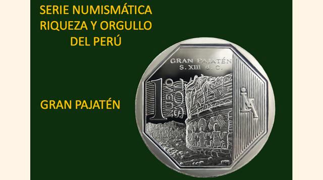 La moneda de un Nuevo Sol alusiva al "Gran Pajatén" es la séptima de la Serie Numismática. En el reverso, al centro se observa uno de los muros del Gran Pajatén decorado con figuras femeninas sentadas.