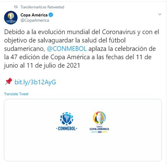 Este es el anuncio de la postergación de la Copa América en Twitter