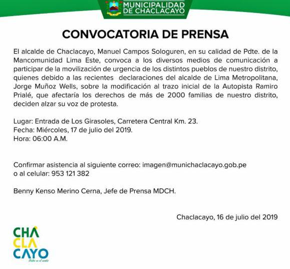Convocatoria de prensa de la Municipalidad de Chaclacayo.&nbsp;