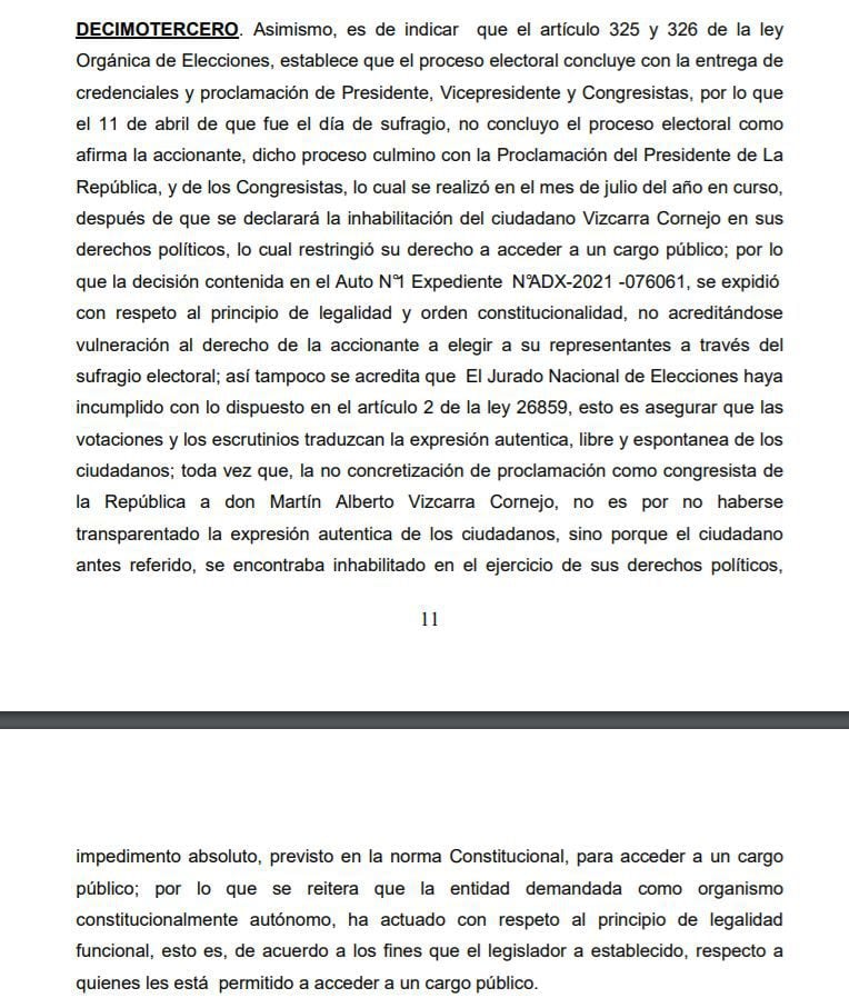 Poder Judicial rechazó pedido para que Martín Vizcarra reciba credenciales de congresista.