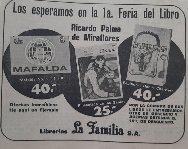 3. La feria tiene expositores que los han acompañados desde sus primeras ediciones. Una de ellas es la librería “La Familia”. En la imagen un afiche promocional de la oferta de sus libros.