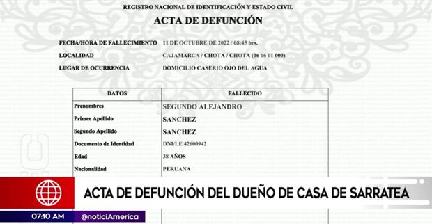 Acta de defunción de Segundo Sánchez, dueño de casa de Sarratea prófugo.