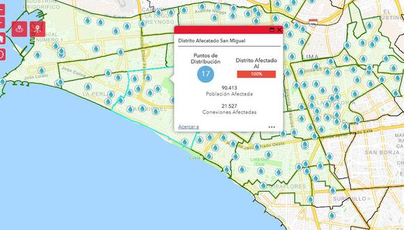La aplicación web muestra el distrito donde hará corte de agua y la población afectada por la restricción. Además, puedes consultar los puntos de abastecimiento de agua potable. (Captura: Sedapal)