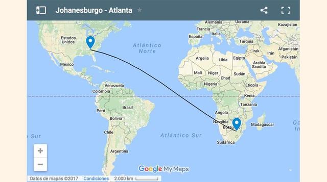 3. Johannesburgo – Atlanta: 13.582 km, 16 horas 55 minutos.
