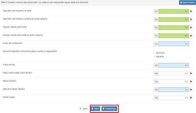 Una vez registrado todos los datos, proceder a dar click en "Validar" y y luego en "Presente/Pague". Se recomienda guardar e imprimir la constancia de la declaración que se mostrará posteriormente. (Foto: Captura)