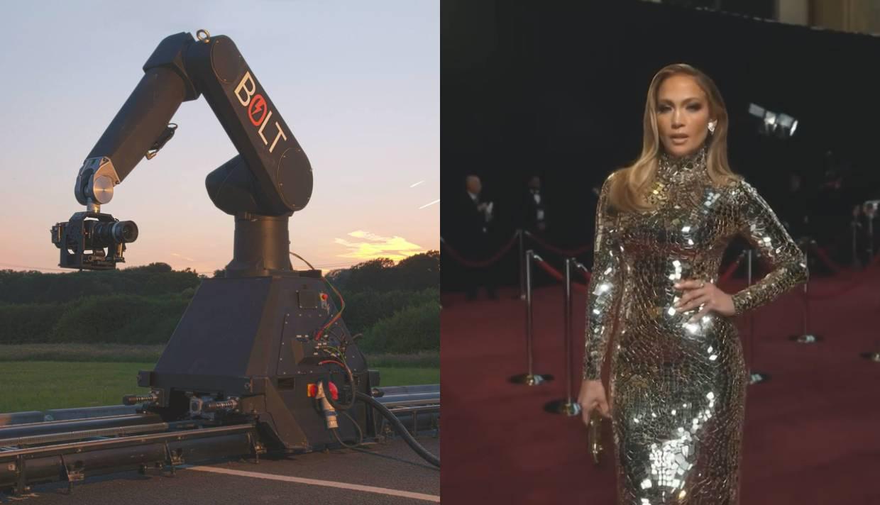Foto del Bolt CineBot junto a su obra, una toma de Jennifer López, quen fue retratada por el cineasta Cole Walliser durante los premios Oscar usando esta tecnología (Foto: Mark Roberts Motion Control / Captura de Instagram)