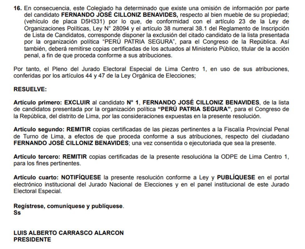Resolución que excluye a Fernando Cilloniz del proceso electoral.
