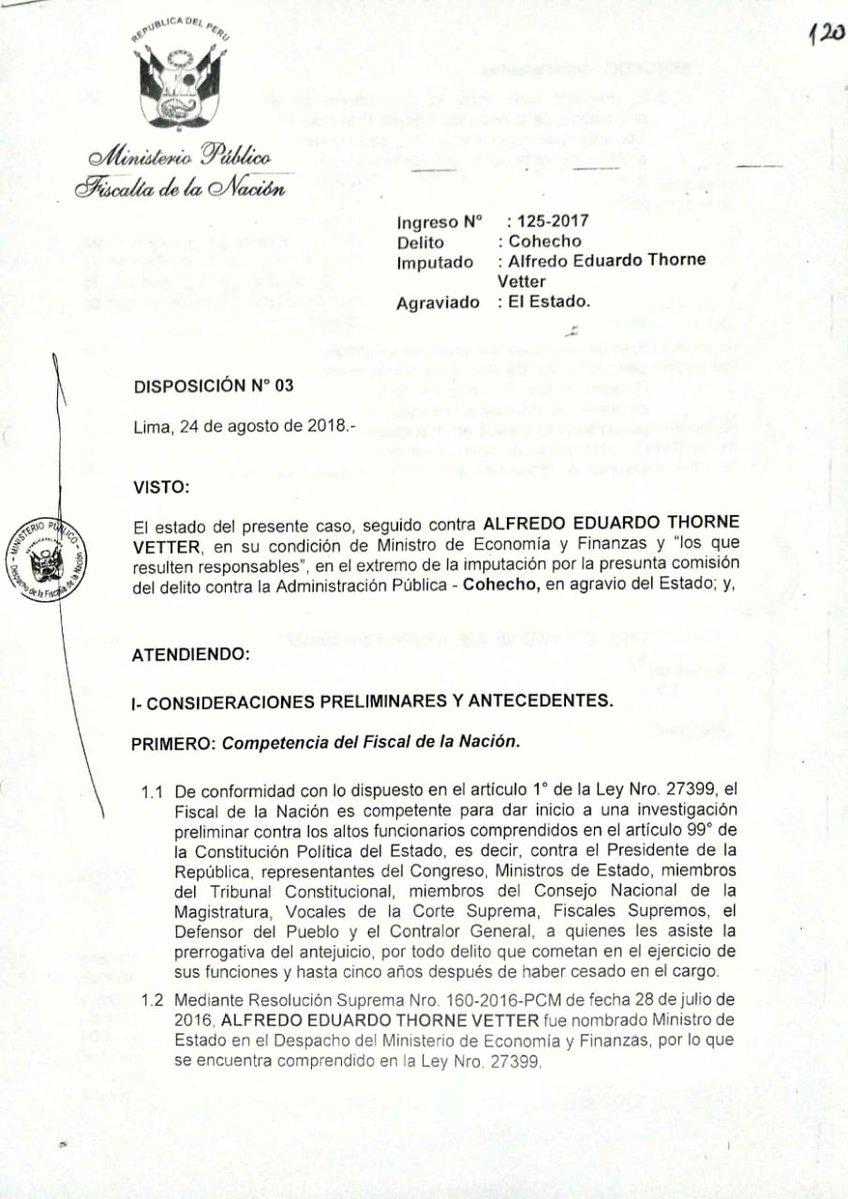 Resolución judicial que ordena investigación contra Alfredo Thorne. (Foto: Twitter)