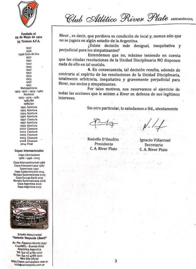El documento que presentó River Plate a Conmebol (Foto: Olé).