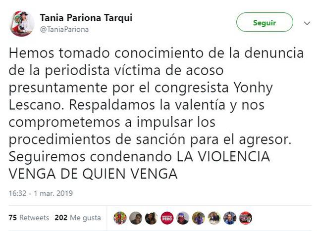 Tania Pariona: "Nos comprometemos a impulsar los procedimientos de sanción para el agresor". (Foto: Captura)
