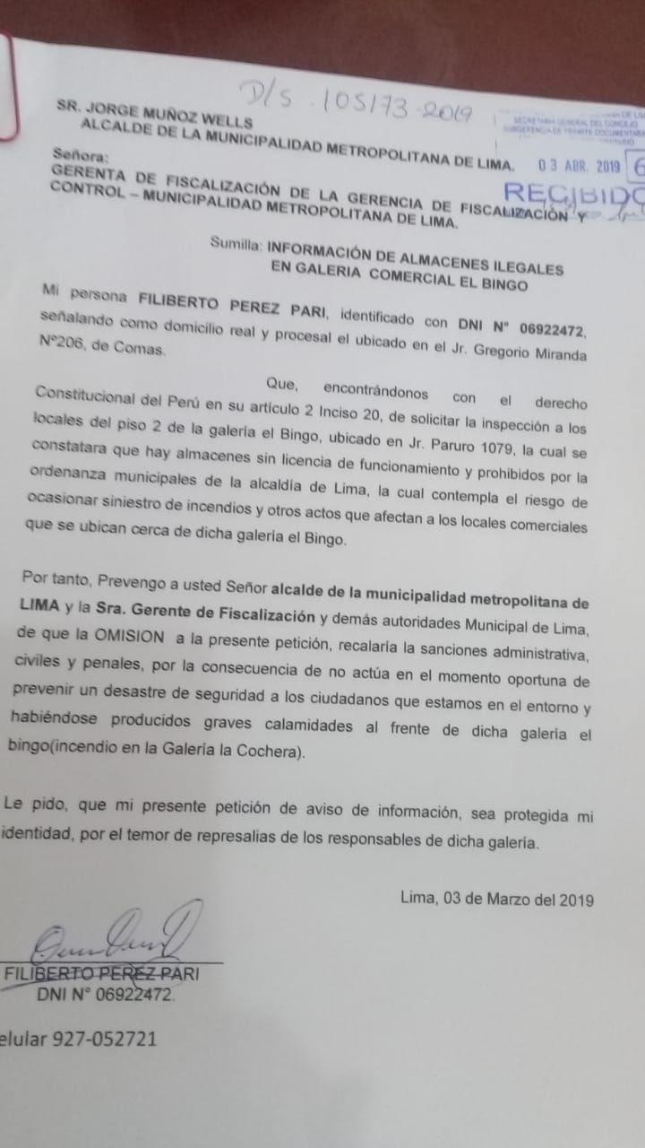 Carta a la MML de Mesa Redonda