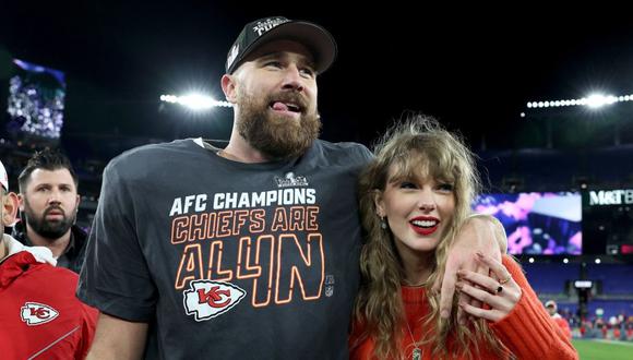 Travis Kelce celebrates with Taylor Swift after the AFC Championship Game on Jan. 28. Photographer: Patrick Smith/Getty Images