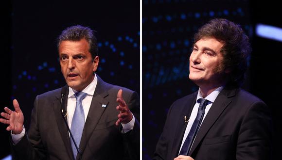 Los candidatos presidenciales de Argentina, Sergio Massa y Javier Milei, durante el primer debate el 1 de octubre de 2023. (Foto de Tomas Cuesta / AFP)