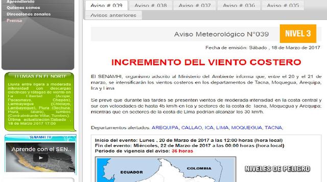 Si da click en los avisos meteorológicos encontrará alertas sobre el nivel de las lluvias y vientos.