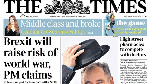 The Times. A favor. Este bastión de las tradiciones pidió el sábado votar por la UE y trabajar desde dentro para reformar el bloque europeo. "El mejor desenlace del referéndum de la semana que viene sería una alianza de naciones soberanas de la UE, l