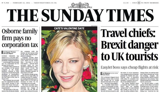 The Sunday Times. A favor del Brexit. La edición dominical de The Times tomó una posición diferente a la edición diaria. "Sí, tenemos que estar preparados para las dificultades, pero tenemos que mantener la calma", escribió este fin de semana. &