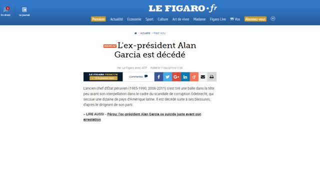 Alan García falleció este miércoles en el hospital Casimiro Ulloa. (Captura: Le Figaro - Francia)
