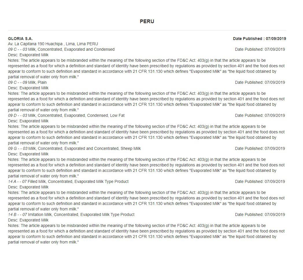 La alerta de importación emitida contra Gloria por la FDA. (Captura: FDA)