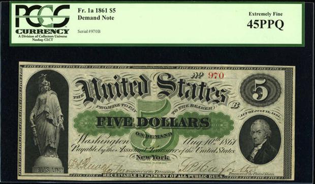 $5 dólares 1861 “Por el” pagaré a la vista (Foto: PCGS)