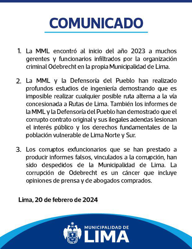 MML descarta construcción de una vía alterna y señala que propuesta habría sido realizada por funcionarios de Odebrecht. Foto: X