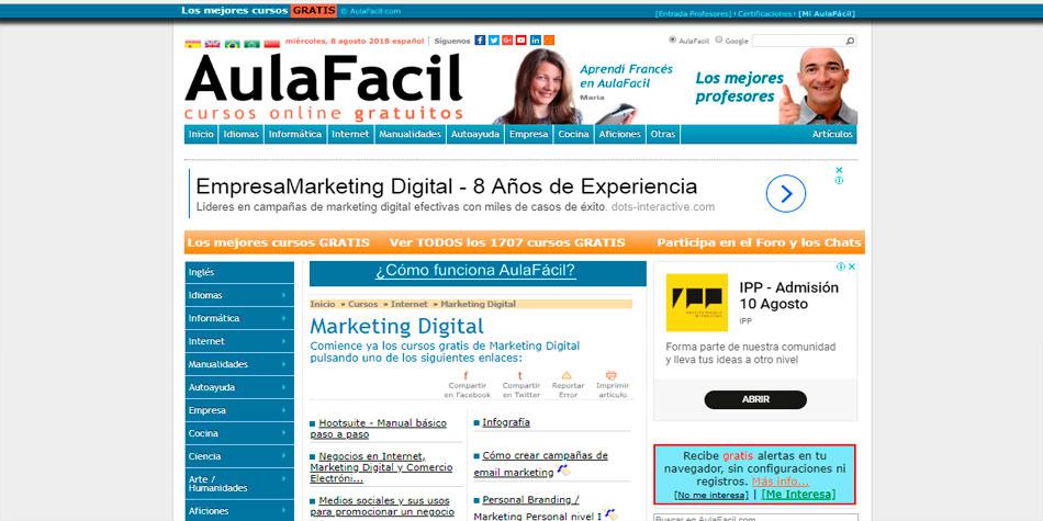 Este es un espacio web con cursos online gratis de Marketing Digital entre los que puedes encontrar diferentes temas. (Foto: Captura)