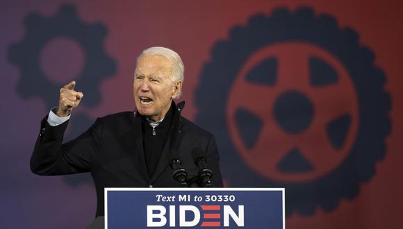 El candidato presidencial demócrata y exvicepresidente de Estados Unidos, Joe Biden, habla en un mitin en Michigan el 16 de octubre de 2020. (Foto de JIM WATSON / AFP).