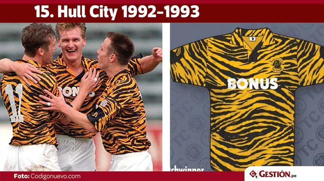 Entre 1992 y 1993 el Hull City se vistió como un tigre. Seguramente ninguno de sus fans olvidará esta curiosa camiseta que le valió ingresar a la lista.