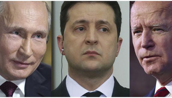 Los personajes claves de esta confrontación: los presidentes de Rusia, Vladimir Putin; Ucrania, Volodymyr Zelensky; y Estados Unidos, Joe Biden. 
(Foto: AFP).