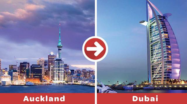 Auckland-Dubái. La distancia entre estas dos ciudades a través de la aerolínea Emirates demora nada menos que 17 horas y 25 minutos. La distancia: 14,203 kilómetros.
